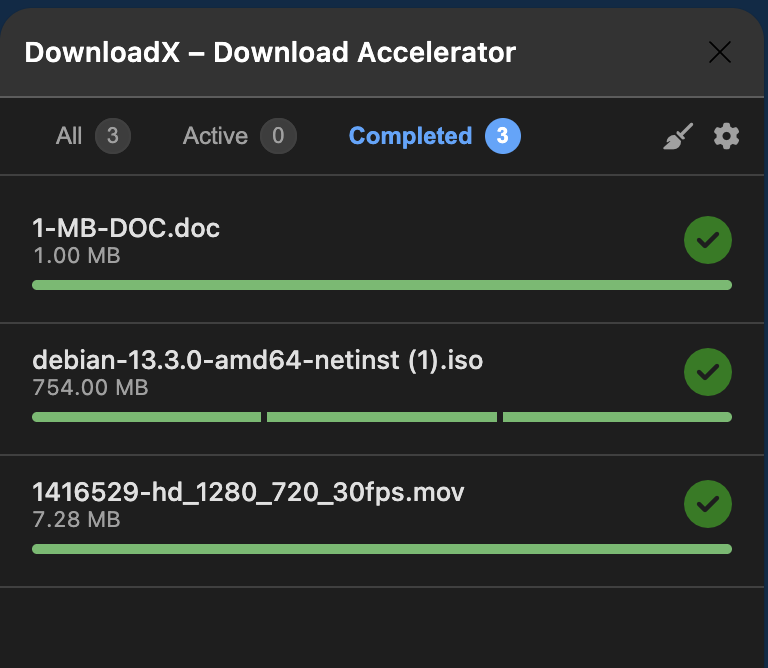 DownloadX listing completed downloads with status indicators