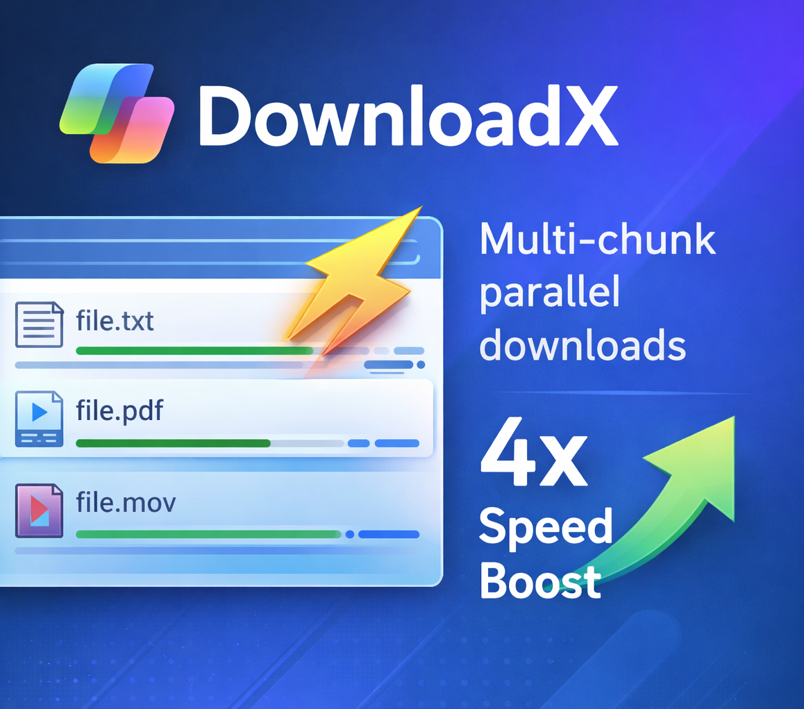 DownloadX side panel showing active and completed downloads