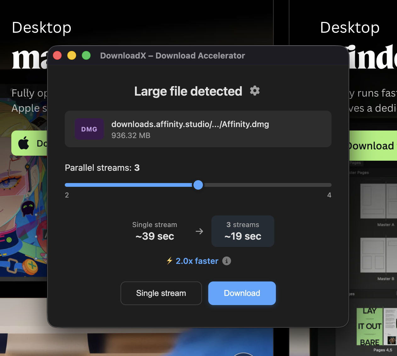 DownloadX showing detected media items on page