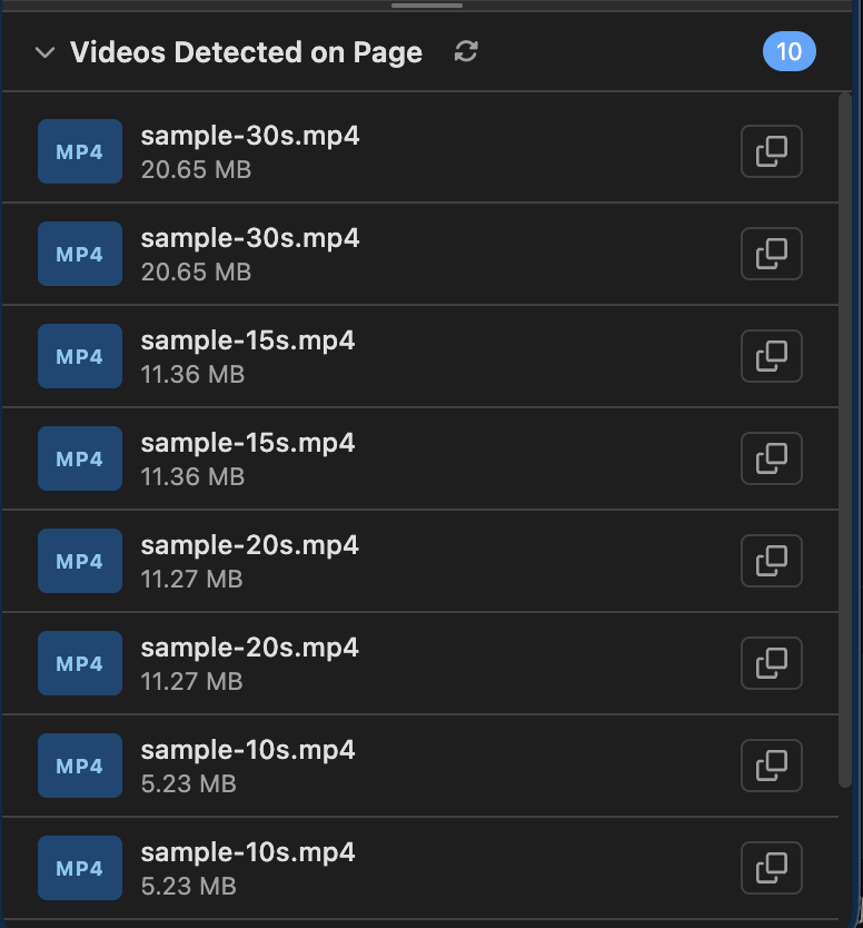 DownloadX showing detected media items on page